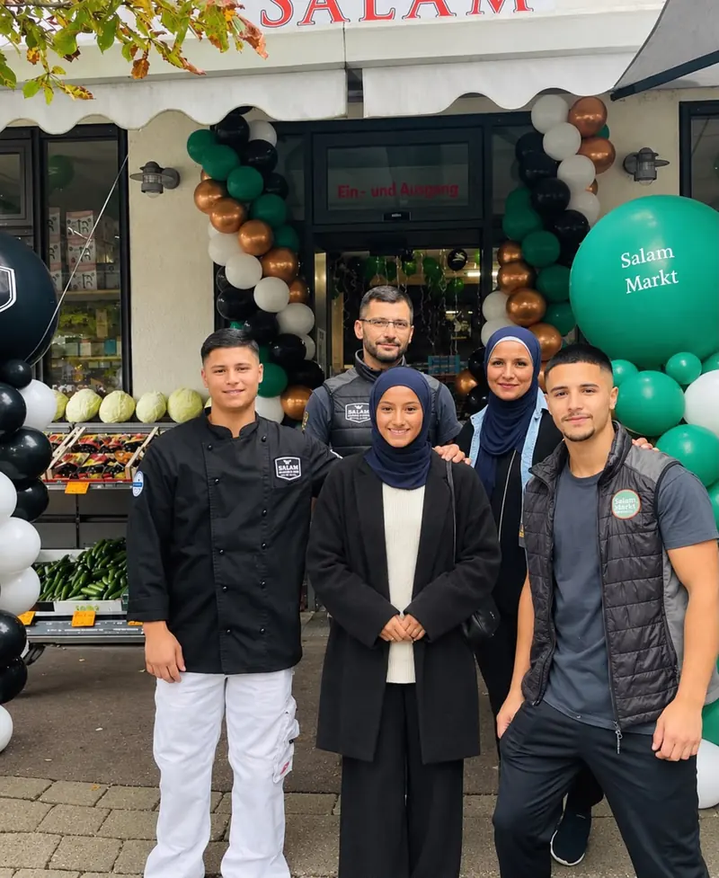 Die Familie Mahra und das Team des Loretto Markt Salam vor dem Laden, mit grün-schwarzen Luftballons